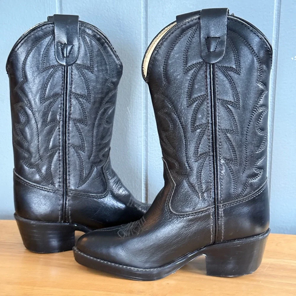 Vintage Laredo Kids Western Boots‎ Black Leather Cowboy Cowgirl USA 9